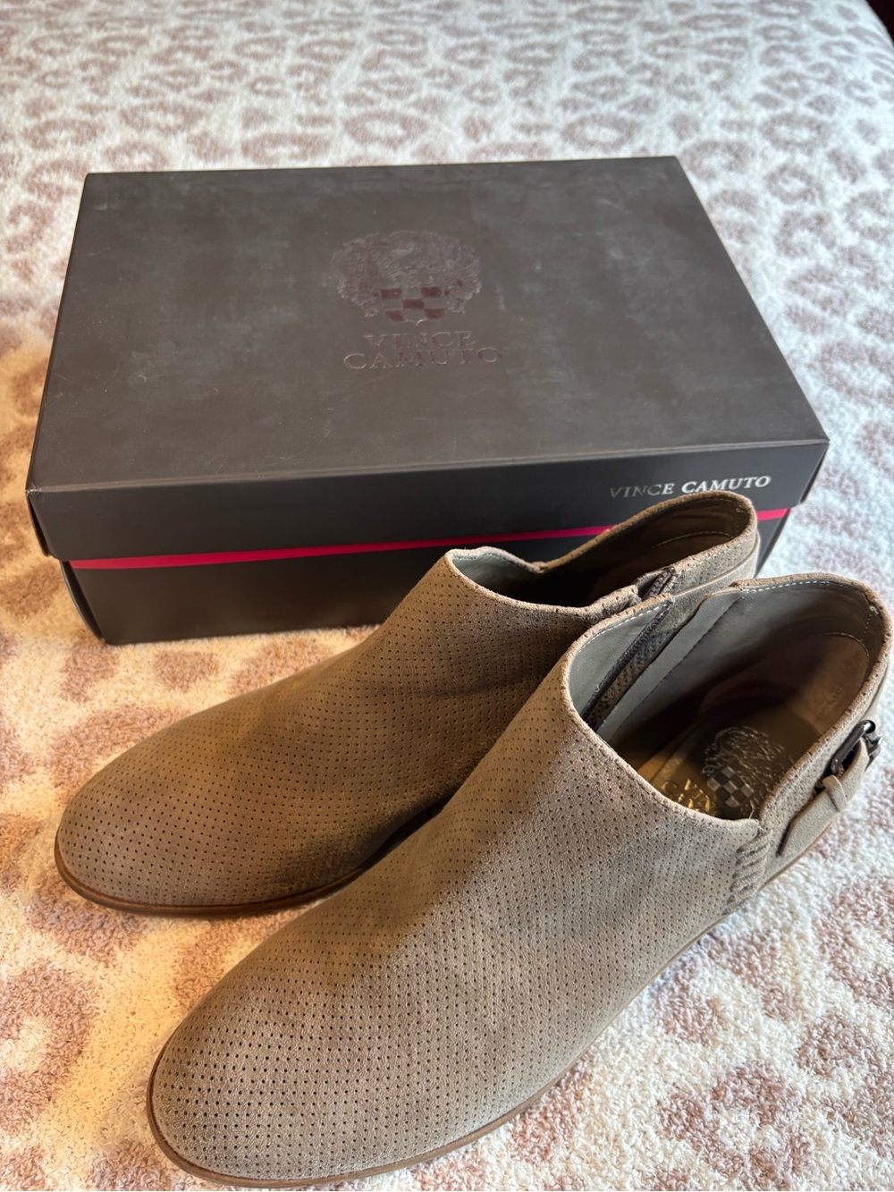 Vince Camuto Taupe Perforated Suede Ankle Booties